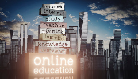 Online education - block shapes and skyscrapers - 3D illustrationの写真素材