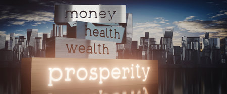 Money, health, wealth, prosperity - block shapes and skyscrapers - 3D illustrationの写真素材