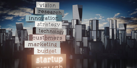 Startup concept - block shapes and skyscrapers - 3D illustrationの写真素材