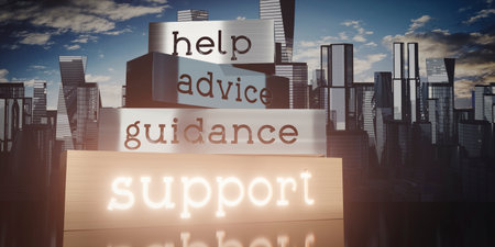 Help, advice, guidance, support - block shapes and skyscrapers - 3D illustrationの写真素材