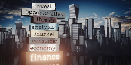 Finance concept - block shapes and skyscrapers - 3D illustrationの写真素材