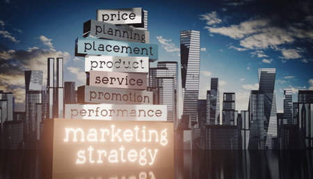 Marketing strategy - block shapes and skyscrapers - 3D illustrationの写真素材