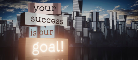 Your success is your goal - block shapes and skyscrapers - 3D illustrationの写真素材