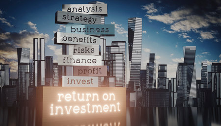 ROI, return on investment - block shapes and skyscrapers - 3D illustrationの写真素材