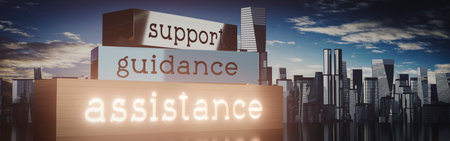 Support, guidance, assistance - block shapes and skyscrapers - 3D illustrationの写真素材