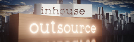 Inhouse, outsource - block shapes and skyscrapers - 3D illustrationの写真素材