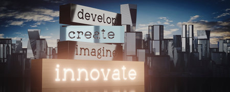 Innovate concept - block shapes and skyscrapers - 3D illustrationの写真素材