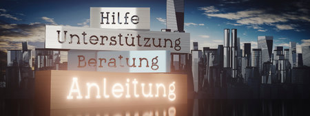 Hilfe, Unterstutzung, Beratung, Anleitung (German), Help, Support, Consulting, Guidance (English) - 3D illustrationの写真素材