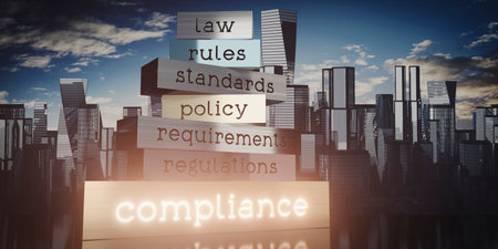 Compliance concept - block shapes and skyscrapers - 3D illustration