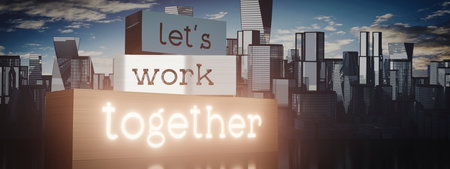 Together concept - block shapes and skyscrapers - 3D illustrationの写真素材