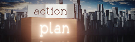 Action, plan - block shapes and skyscrapers - 3D illustrationの写真素材