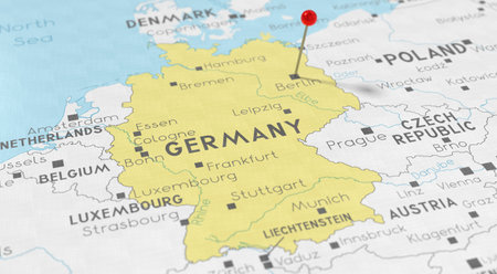 Germany, Berlin - push pin on political map - 3D illustrationの写真素材