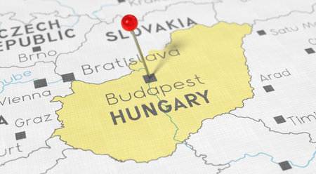 Hungary, Budapest - push pin on political map - 3D illustrationの写真素材