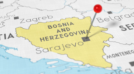Bosnia and Herzegovina, Sarajevo - push pin on political map - 3D illustrationの写真素材