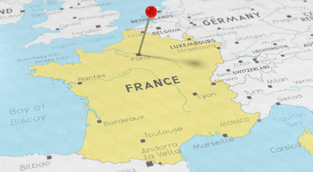 France, Paris - push pin on political map - 3D illustrationの写真素材