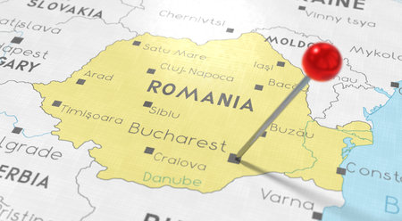 Romania, Bucharest - push pin on political map - 3D illustrationの写真素材