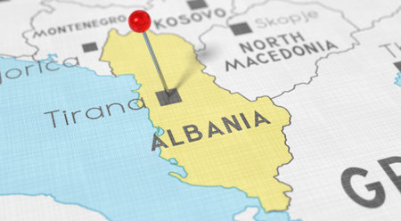 Albania, Tirana - push pin on political map - 3D illustrationの写真素材