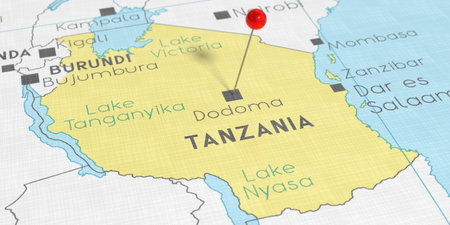 Tanzania, Dodoma - push pin on political map - 3D illustration