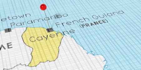 French Guiana, Cayenne - push pin on political map - 3D illustrationの写真素材