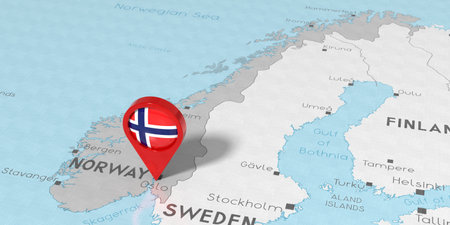 Norway, Oslo - location pin with national flag on political map - 3D illustrationの写真素材