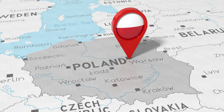 Poland, Warsaw - location pin with national flag on political map - 3D illustrationの写真素材