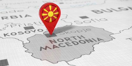North Macedonia, Skopje - location pin with national flag on political map - 3D illustrationの写真素材