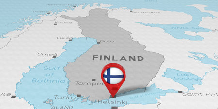 Finland, Helsinki - location pin with national flag on political map - 3D illustrationの写真素材
