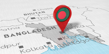 Bangladesh, Dhaka - location pin with national flag on political map - 3D illustration