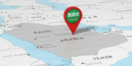 Saudi Arabia, Riyadh - location pin with national flag on political map - 3D illustration