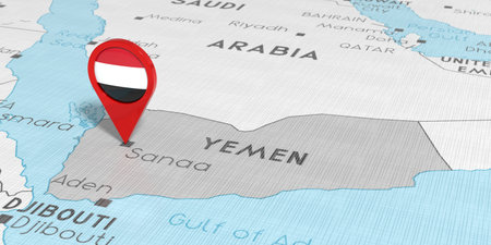 Yemen, Sanaa - location pin with national flag on political map - 3D illustrationの写真素材