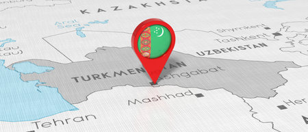 Turkmenistan, Ashgabat - location pin with national flag on political map - 3D illustrationの写真素材