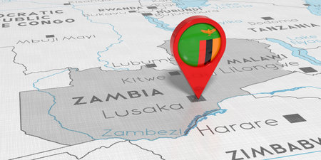 Zambia, Lusaka - location pin with national flag on political map - 3D illustrationの写真素材