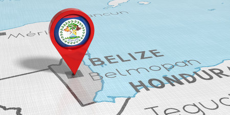 Belize, Belmopan - location pin with national flag on political map - 3D illustrationの写真素材