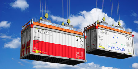 Shipping containers with flags of Poland and Mercosur - 3D illustration