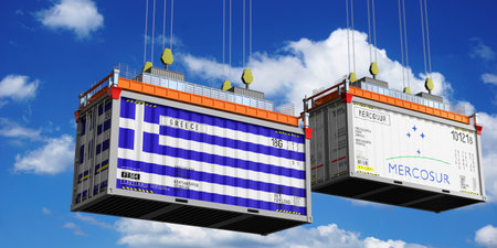 Shipping containers with flags of Greece and Mercosur - 3D illustration