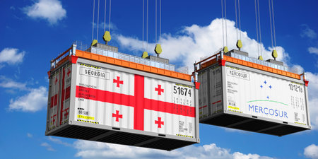 Shipping containers with flags of Georgia and Mercosur - 3D illustration
