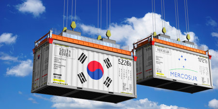 Shipping containers with flags of South Korea and Mercosur - 3D illustration