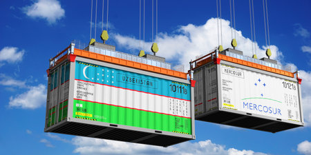 Shipping containers with flags of Uzbekistan and Mercosur - 3D illustration