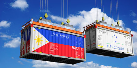 Shipping containers with flags of Philippines and Mercosur - 3D illustration