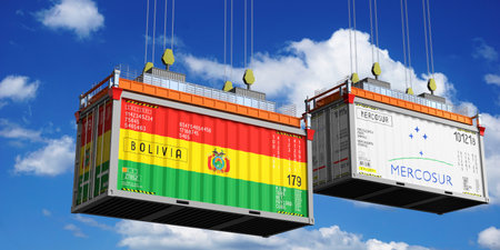 Shipping containers with flags of Bolivia and Mercosur - 3D illustration
