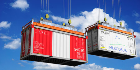 Shipping containers with flags of Peru and Mercosur - 3D illustration