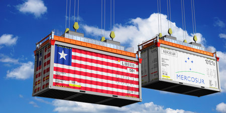 Shipping containers with flags of Liberia and Mercosur - 3D illustration