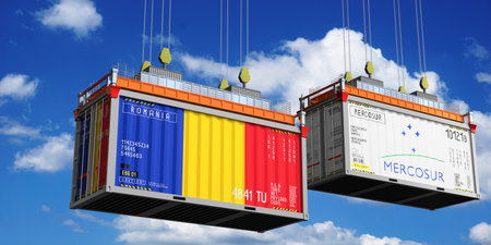 Shipping containers with flags of Romania and Mercosur - 3D illustration