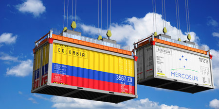 Shipping containers with flags of Colombia and Mercosur - 3D illustrationの写真素材