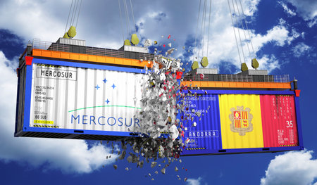 Crashing cargo containers with flags of Mercosur and Andorra - 3D illustrationの写真素材