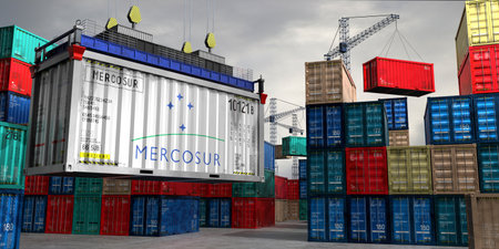 Cargo container with flag of Mercosur lifted by crane at freight terminal - 3D illustration