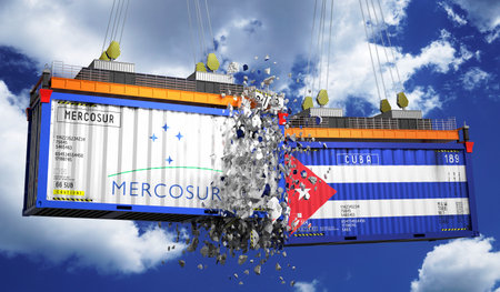 Crashing cargo containers with flags of Mercosur and Cuba - 3D illustration