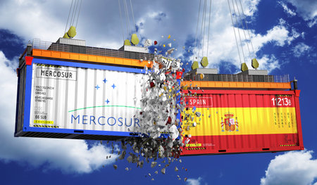 Crashing cargo containers with flags of Mercosur and Spain - 3D illustrationの写真素材