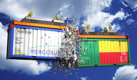 Crashing cargo containers with flags of Mercosur and Benin - 3D illustrationの写真素材