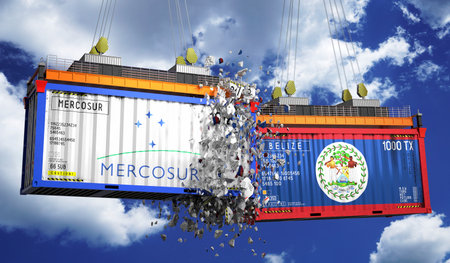 Crashing cargo containers with flags of Mercosur and Belize - 3D illustrationの写真素材